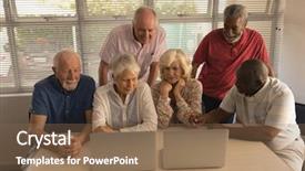  Presentation with group - Slide deck featuring people using laptop at nursing background and a violet colored foreground