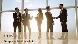  Presentation with walk - Beautiful PPT theme featuring people walk in the office on the sunny background backdrop and a soft green colored foreground