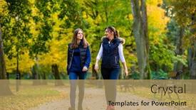  Presentation with city people walking - Slide set having people walking in city park background and a coral colored foreground