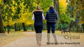  Presentation with city people walking - Presentation theme with people walking in city park background and a coral colored foreground