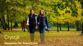  Presentation with city people walking - Presentation design featuring people walking in city park background and a tawny brown colored foreground