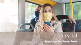  Presentation with public transport - Presentation design enhanced with people-wearing-masks background and a coral colored foreground