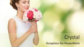  Presentation with wedding white - Presentation design with people wedding holidays and celebration concept - smiling bride or bridesmaid in white dress with bouquet of flowers over green background background and a blonde colored foreground