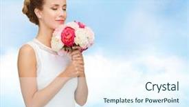  Presentation with wedding white - Colorful slide deck enhanced with people wedding holidays and celebration concept - smiling bride or bridesmaid in white dress with bouquet of flowers over blue cloudy sky background backdrop and a sky blue colored foreground