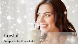  Presentation with tea coffee - Cool new theme with people winter christmas drinks and leisure concept - happy young woman with cup of tea or coffee at home over snow backdrop and a soft green colored foreground