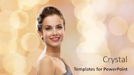  Presentation with glamour - Cool new PPT theme with people winter holidays christmas and glamour concept - smiling woman in evening dress over beige lights background backdrop and a lemonade colored foreground