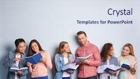  Presentation with light book - Theme enhanced with people with books standing near background and a sky blue colored foreground