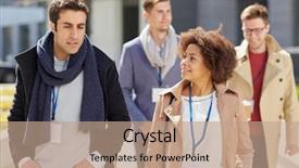  Presentation with international education - Cool new PPT layouts with people with conference badge backdrop and a coral colored foreground