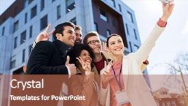  Presentation with international education - Cool new slide deck with people with conference badge backdrop and a red colored foreground