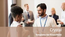  Presentation with brake - Colorful slides enhanced with people with conference badge backdrop and a coral colored foreground