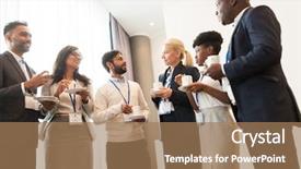 Presentation with international education - Cool new slides with people with conference badge backdrop and a coral colored foreground
