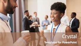  Presentation with business communication - Slide set consisting of people with conference badge background and a coral colored foreground