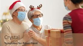  Presentation with flu virus - Presentation theme featuring people-with-gifts-wearing-facemasks background and a coral colored foreground