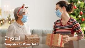  Presentation with flu virus - Theme consisting of people-with-gifts-wearing-facemasks background and a coral colored foreground