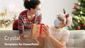  Presentation with flu virus - Beautiful PPT layouts featuring people-with-gifts-wearing-facemasks backdrop and a coral colored foreground