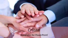  Presentation with five business people standing together and smiling - Presentation theme consisting of people with their hands together background and a  colored foreground