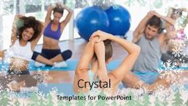  Presentation with trainer - Presentation theme enhanced with people with trainer stretching hands behind backs against snow background and a coral colored foreground