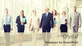  Presentation with building team - Beautiful presentation design featuring people work and corporate concept - business team with folders walking along office building and talking backdrop and a soft green colored foreground