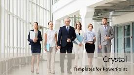  Presentation with building team - Beautiful presentation theme featuring people work and corporate concept - business team with folders walking along office building and talking backdrop and a soft green colored foreground