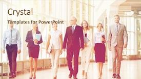  Presentation with building team - Colorful slide deck enhanced with people work and corporate concept - business team with folders walking along office building and talking backdrop and a cream colored foreground