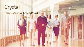  Presentation with building team - Colorful presentation theme enhanced with people work and corporate concept - business team with folders walking along office building and talking backdrop and a cream colored foreground