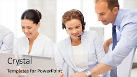  Presentation with small group working - Presentation design enhanced with people working in call center background and a soft green colored foreground