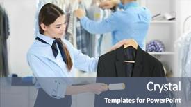  Presentation with dry cleaning - Presentation featuring people working in dry-cleaning background and a ocean colored foreground