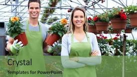  Presentation with nursery - Slide deck having people working in nursery gardening background background and a seafoam green colored foreground