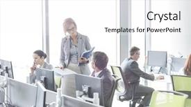  Presentation with sales business plan activities and sales target - Presentation theme having people working in open plan background and a white colored foreground