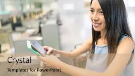  Presentation with healthcare plan do check act - Presentation theme consisting of people working port - woman holding passprt and cellphone background and a coral colored foreground