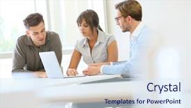  Presentation with working together - Audience pleasing presentation design consisting of people working together in meeting backdrop and a sky blue colored foreground