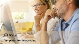  Presentation with multicultural people together - Slides having people working together on desktop background and a coral colored foreground