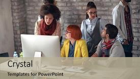  Presentation with five business people standing together and smiling - Audience pleasing presentation consisting of people working together on project backdrop and a mint green colored foreground