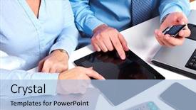  Presentation with computer - PPT layouts with people working with tablet computer background and a light blue colored foreground