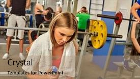  Presentation with people management word cloud - Audience pleasing slide set consisting of pepol - woman holding dumbbell workout backdrop and a coral colored foreground