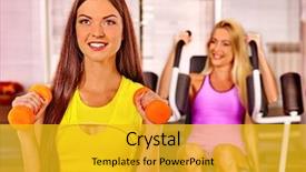  Presentation with sport hurdles - PPT theme enhanced with pepople - girls holding orange dumbbells background and a  colored foreground