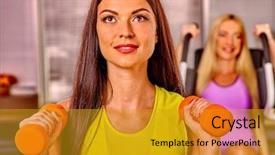  Presentation with little girls birthday - Presentation design having pepople - girls looking up holding dumbbells background and a  colored foreground