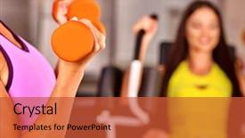  Presentation with sport - Presentation design having pepople - girls work out with dumbbells background and a  colored foreground