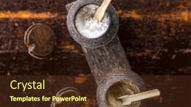  Presentation with table salt - Slides having pepper and salt in traditional balinese wooden dish on old wooden table background and a tawny brown colored foreground