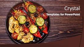  Presentation with grilled chicken - Colorful PPT theme enhanced with pepper stuffed with groats and vegetables and grilled chicken strips backdrop and a tawny brown colored foreground