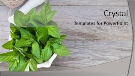  Presentation with mortar - Presentation with peppermint - fresh mint in mortar background and a light gray colored foreground