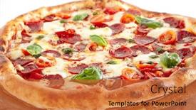  Presentation with traditional wood - PPT theme featuring pepperoni or diabola pizza with salami chili pepper mozzarella cheese fresh basil cherry tomatoes tomato sauce isolated on white background traditional italian flatbread on wood plate close up background and a red colored foreground