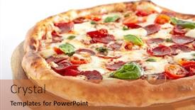  Presentation with traditional wood - Cool new presentation with pepperoni or diabola pizza with salami chili pepper mozzarella cheese fresh basil cherry tomatoes tomato sauce isolated on white background traditional italian flatbread on wood plate close up backdrop and a coral colored foreground