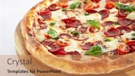  Presentation with traditional wood - PPT theme enhanced with pepperoni or diabola pizza with salami chili pepper mozzarella cheese fresh basil cherry tomatoes tomato sauce isolated on white background traditional italian flatbread on wood plate close up background and a coral colored foreground