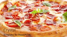  Presentation with traditional wood - Cool new PPT theme with pepperoni or diabola pizza with salami chili pepper mozzarella cheese fresh basil cherry tomatoes tomato sauce isolated on white background traditional italian flatbread on wood plate close up backdrop and a gold colored foreground