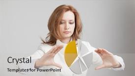  Presentation with pie chart - Beautiful PPT theme featuring percentage - woman shows a pie chart backdrop and a light gray colored foreground