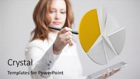  Presentation with percentage - Beautiful slide set featuring percentage - woman shows a pie chart backdrop and a light gray colored foreground