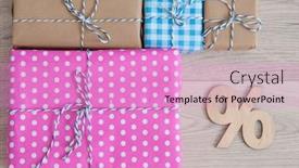  Presentation with percentage - Presentation theme enhanced with percentage-sign-and-colorful-gift background and a lilac colored foreground