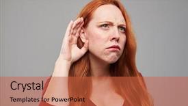  Presentation with perception - Colorful presentation design enhanced with perception attention - suspicious young woman with red backdrop and a  colored foreground