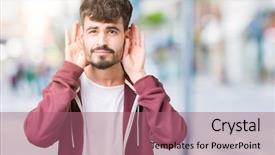  Presentation with perception - Presentation design featuring perception attention - young handsome man over isolated background and a coral colored foreground